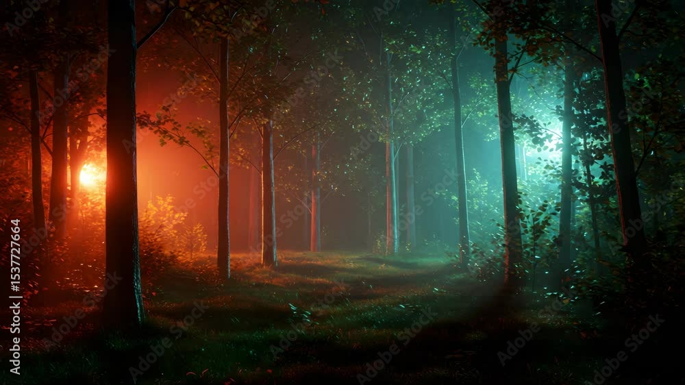 Poster enchanting forest with orange and teal lighting through tall trees and mystical path in dreamlike at