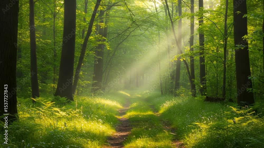 Poster enchanting forest path with sunbeams filtering through green canopy and white wildflowers creating a