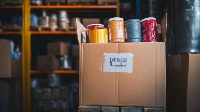 Cardboard box filled with paint cans in a warehouse.