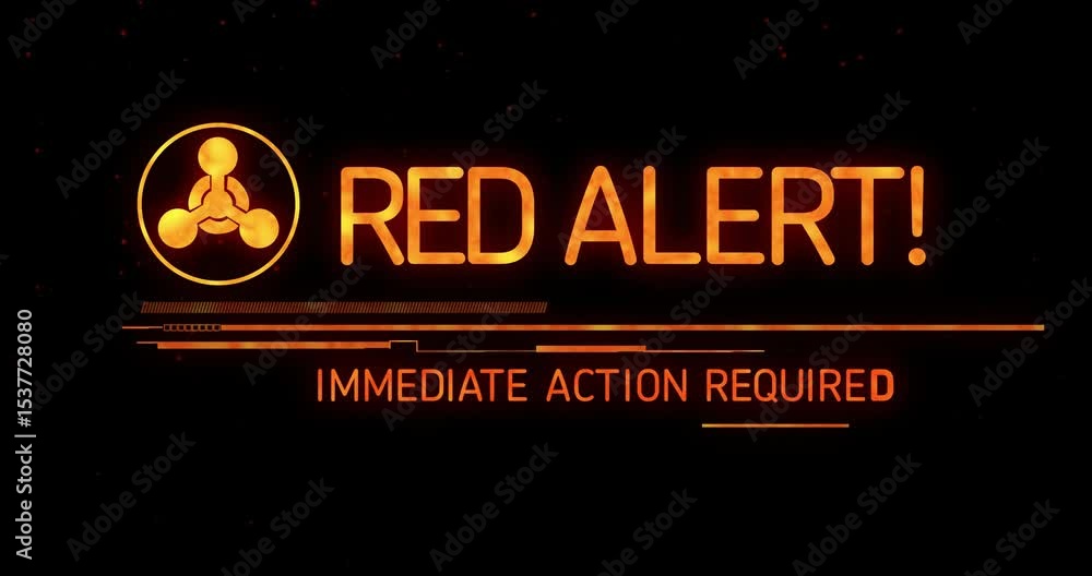 Poster red-particle star-field initiating emblem fading and text morphing into red alert demanding action