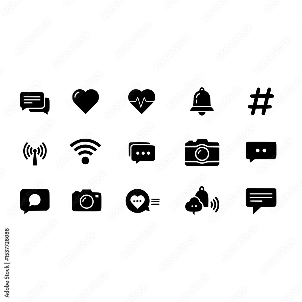 Poster social media notification heart wifi camera message bell hashtag connection communication icons vect