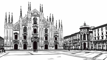 Fototapeta premium Hand-drawn illustration of milan cathedral and surrounding buildings.