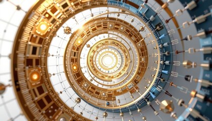 Obraz premium Intricate spiral tunnel of futuristic design with golden and blue tones, a visual representation of innovation and technological advancement