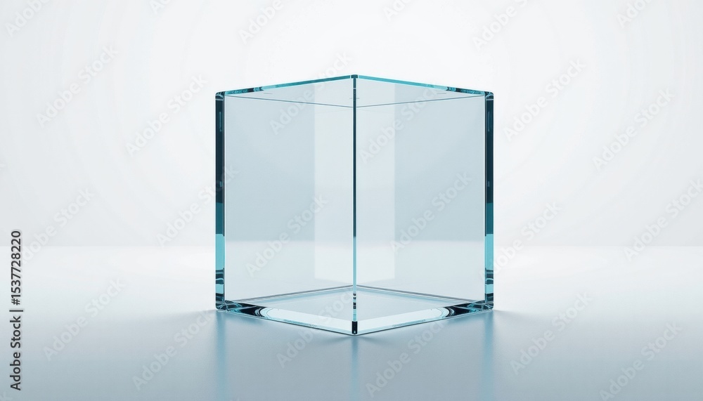 Poster a transparent glass cube with a minimalist and modern design. the cube is clear, casting soft shadow