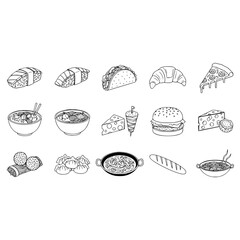 Delicious food illustrations featuring sushi ramen pizza burger taco croissant and cheese vector art