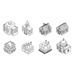 Isometric buildings architecture hospital school house factory government outline design city town line art