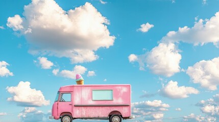 Pink ice cream truck under a vibrant blue sky with fluffy clouds.