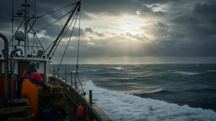 Fishing Boat Amidst Stormy Seas with Seagulls and Dramatic Sky with Sunrays