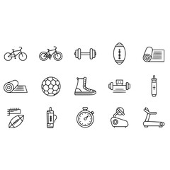 Fototapeta premium Fitness exercise equipment icons set bike dumbbell football yoga mat soccer ball and more elements vector