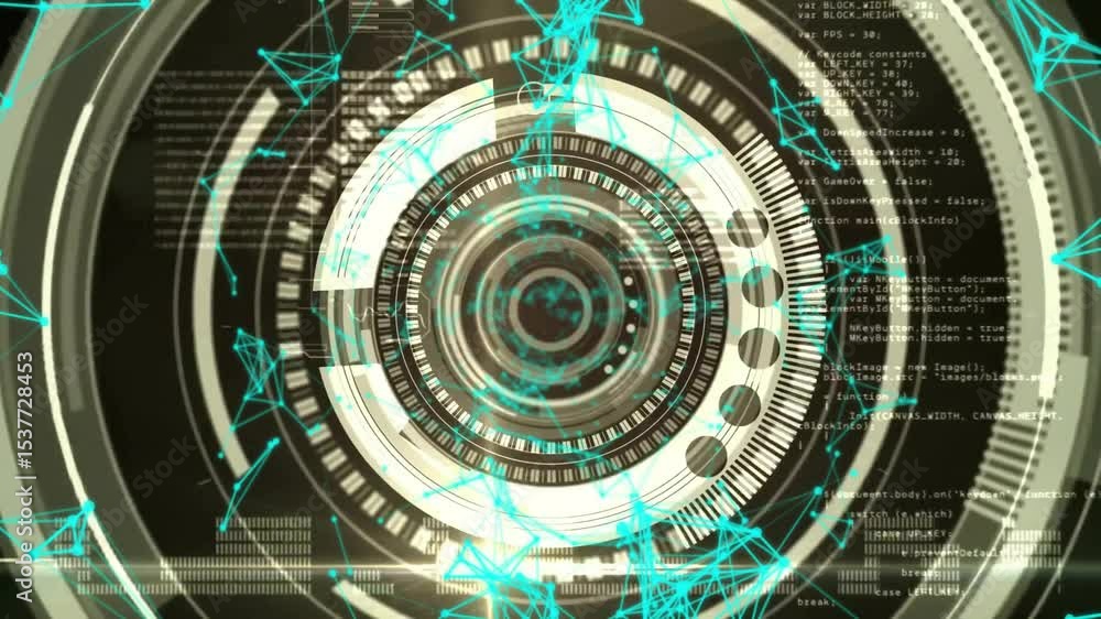Poster Animated holographic HUD initiating rotating rings while network pulsing visualizing data flow