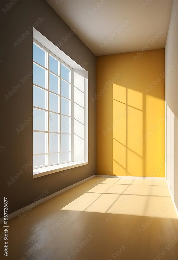 Poster bright light streams through a window illuminating an empty room interior