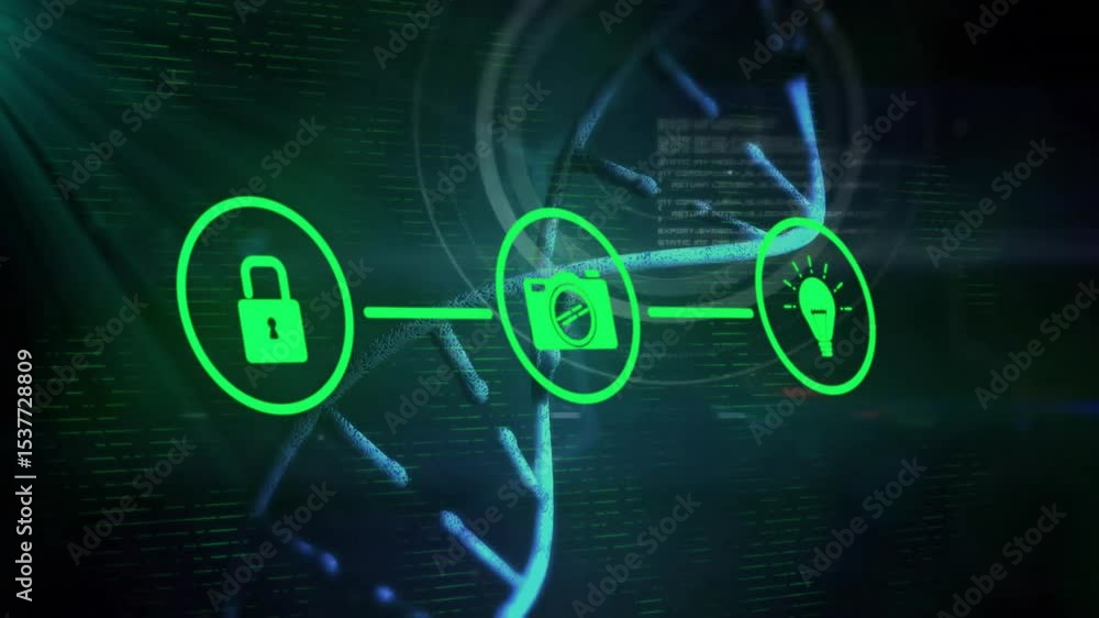 Poster padlock appearing and unlocking starting camera and bulb linking rotating 3d helix showing identity