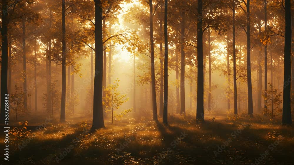Poster golden forest landscape with sunlight filtering through dense trees creating long shadows and serene