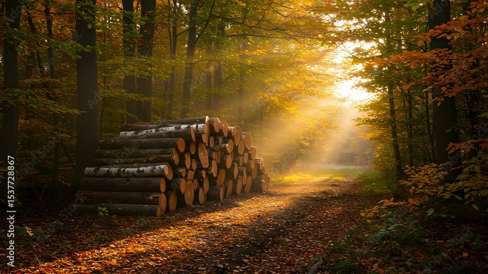 Poster golden light streams through autumn forest with stacked logs on leafy path