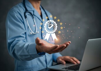 A female doctor in a white coat works diligently on her laptop at a clinic desk, a stethoscope nearby, embodying the integration of technology in modern healthcare