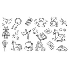 Illustration of toys teddy bear rocking horse car robot blocks book airplane lollipop and other childhood items