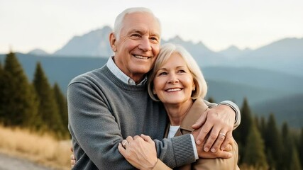 Cheerful senior couple embraces, enjoying a peaceful moment amidst breathtaking mountain scenery, celebrating their retirement and enduring love