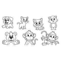 Cute animals coloring page for kids featuring dog cat bear monkey raccoon drawing vector illustration