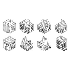 Isometric buildings line art vector illustration city buildings hospital factory house police station