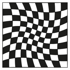 Obraz premium Wavy checkerboard tile. Black white squares. Abstract vector pattern. Distorted grid form.