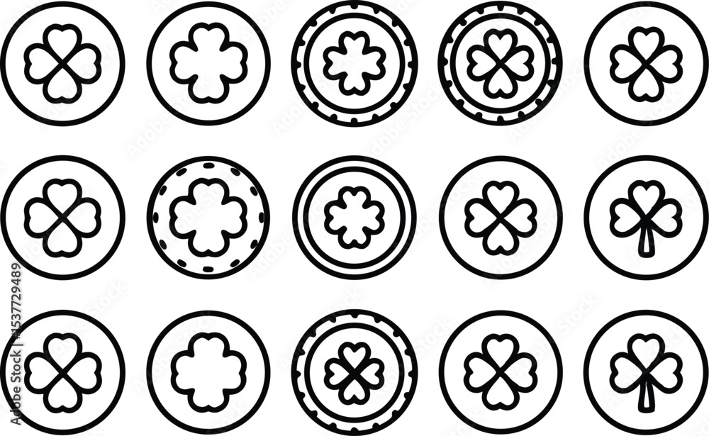 Fototapete St patricks day coin icon set featuring a three leaf clover design isolated on transparent background