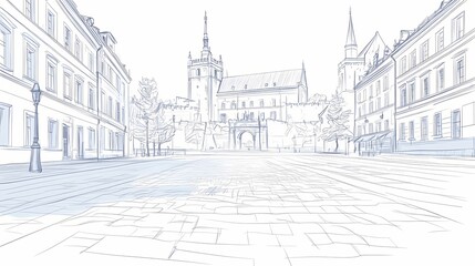 Obraz premium Hand-drawn illustration of a european city square.