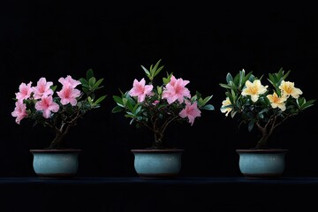 Fototapeta premium Three bonsai azaleas in varying shades of pink and yellow, displayed in individual pots against a black backdrop