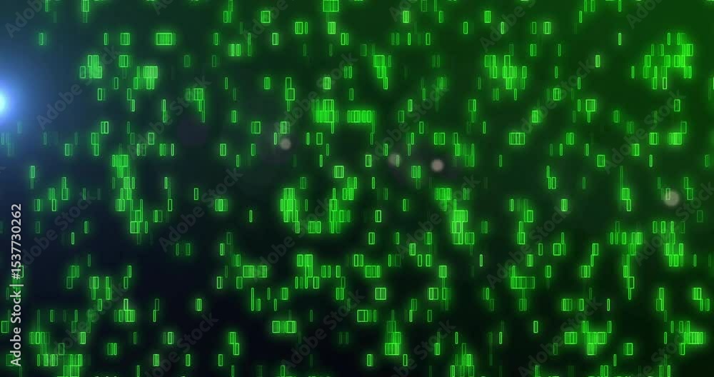 Poster on start flickering neon green blocks drifting downward visualizing data stream while faint flares