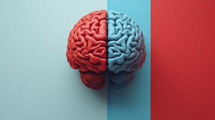 3D rendered human brain divided into red and blue hemispheres on a colorful background.