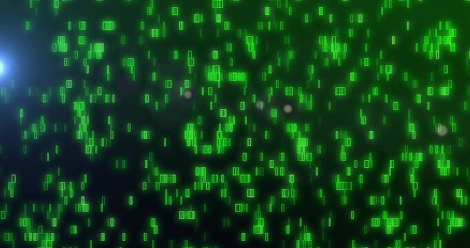On start flickering neon green blocks drifting downward visualizing data stream while faint flares