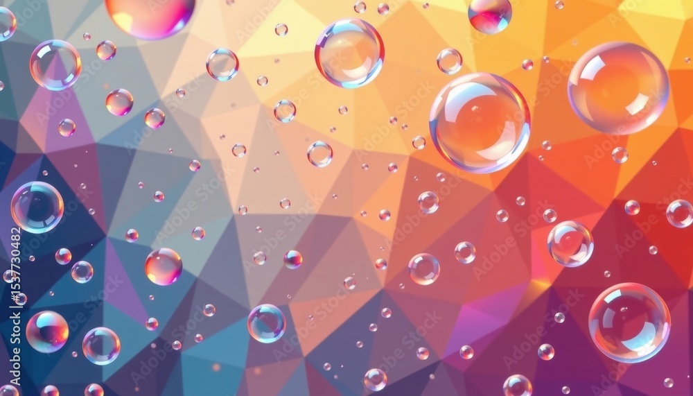 Poster soap bubbles float weightlessly against a colorful geometric backdrop, creating a sense of wonder. t