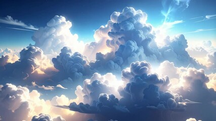 Panoramic view of fluffy cumulus clouds in a bright blue sky with sunlight peeking through the formations, creating a dramatic atmospheric landscape - Powered by Adobe