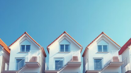 Three identical white houses with red roofs and balconies under a clear blue sky.