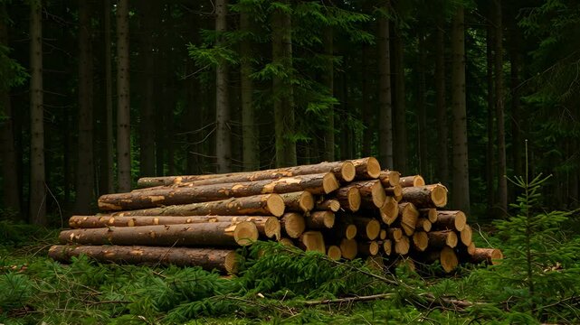 Logs Stacked In Dense Forest with Tall Green Trees creating Untouched Woodland Scene