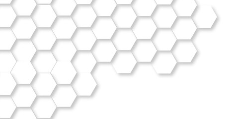 Seamless pattern with hexagon. White Hexagonal structure futuristic white background. Embossed Hexagon. Hexagonal honeycomb pattern background with space for text. Abstract Technology, Futuristic.	