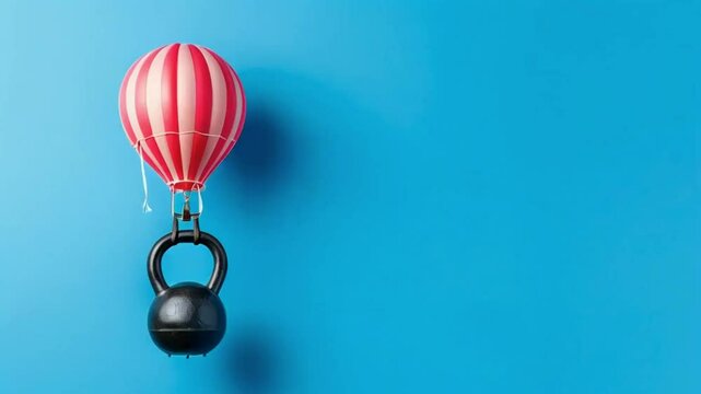 Closeup air balloon tied on a kettlebell on isolated blue background with space for copy.