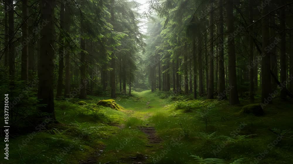 Poster lush forest scene with sunlight filtering through trees and a winding path in a tranquil green woodl