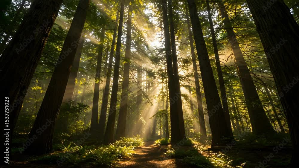 Poster lush forest scene with sunlight streaming through tall trees creating a tranquil path