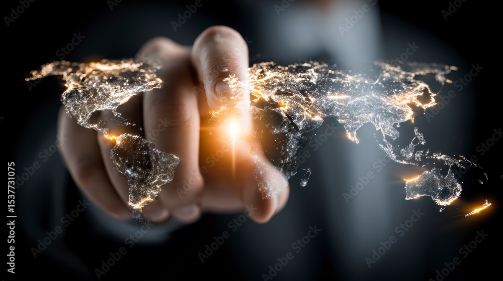Poster global network connection hand touching illuminated world map