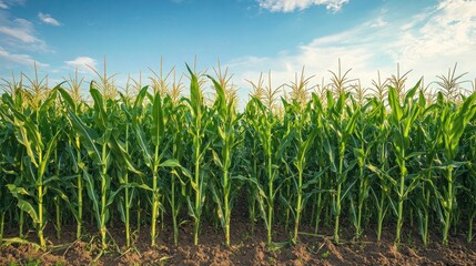 Lush cornfield stretching out under a partly cloudy sky.