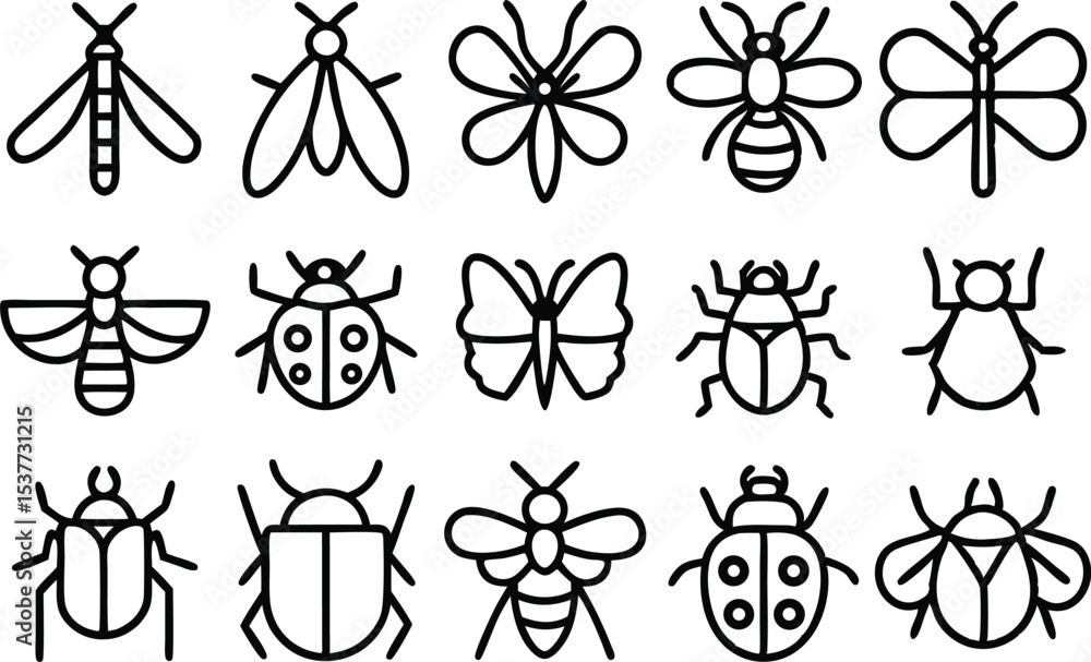 Poster high resolution line art icon set of insects featuring a dragonfly isolated on transparent backgroun