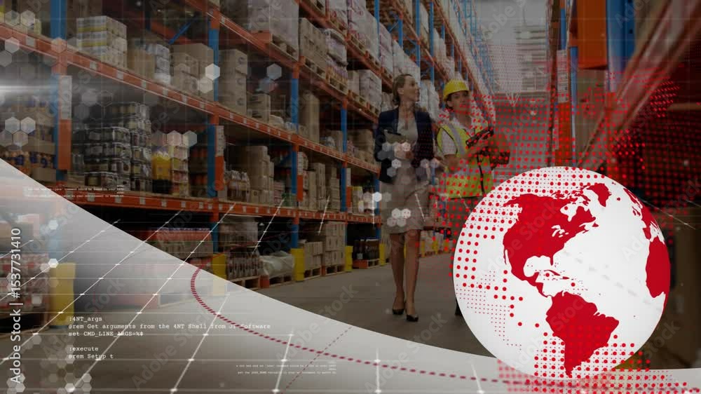Poster digital hex-data rotating globe revealing warehouse as team scanning shelves using tablet