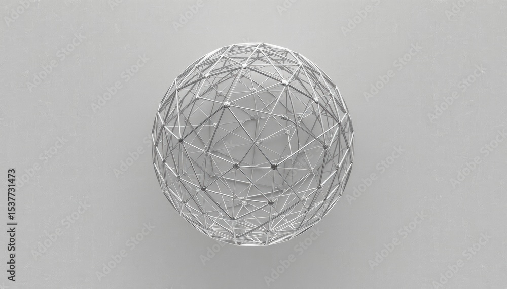 Poster abstract silver sphere structure on a light grey background. the sphere is made of interconnected si