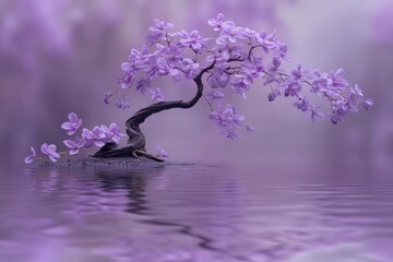 Purple bonsai tree, serene water reflection