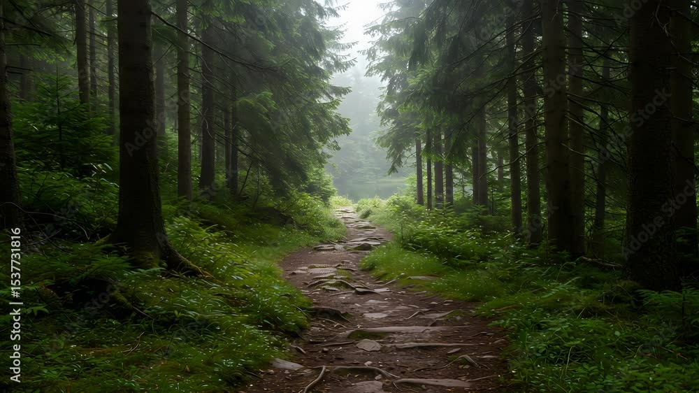 Poster lush green forest path with sunlight filtering through tall trees on a misty day
