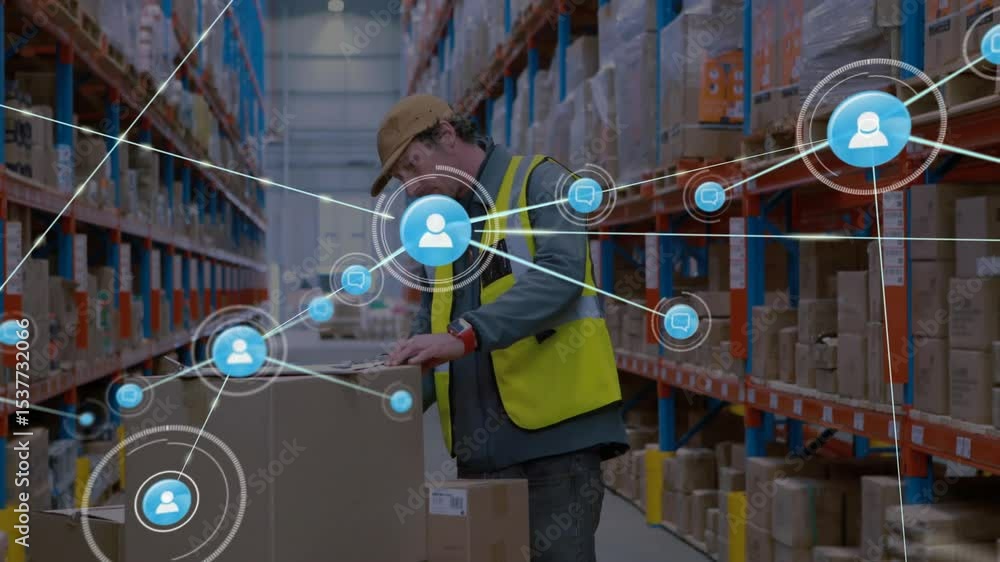 Poster warehouse worker lifting box in aisle while examining label and growing network graphic for stock