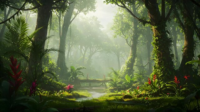 Lush Green Forest with Stream and Red Flowers Under Bright Sunlight Pixelated Background