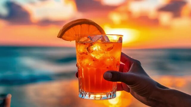 Close-up image of an individual holding a cocktail glass with an orange beverage against the backdrop of a beautiful sunset over the ocean..