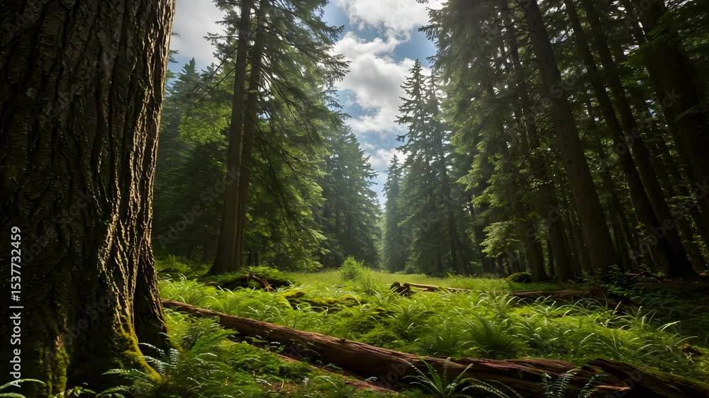 Poster lush green forest with sunlight filtering through tall trees lush grasses and fallen logs creating a