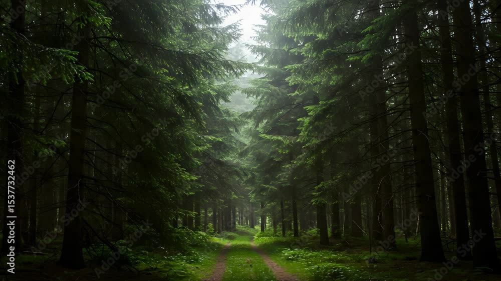 Poster lush green forest with sunlight shining through tall trees along forest path creating an enchanting 